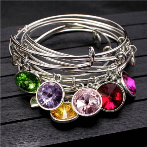 Jewelry - Birthstone Gemstone Charm Silver Bangle Bracelet